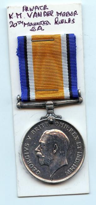 British War Medal 1914-18 Pte K VANDER MERWE 20TH Mounted Rifles