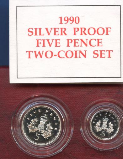 1990 UK  Silver Proof Five Pence Two Coin Set