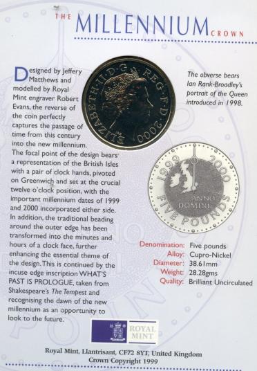 UK 2000 Brilliant Uncirculated £5 Coin Millennium Commemorative