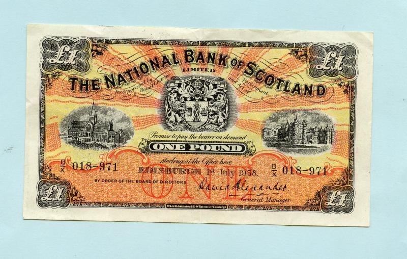 National  Bank of Scotland £1 Banknote Dated 1st July 1958