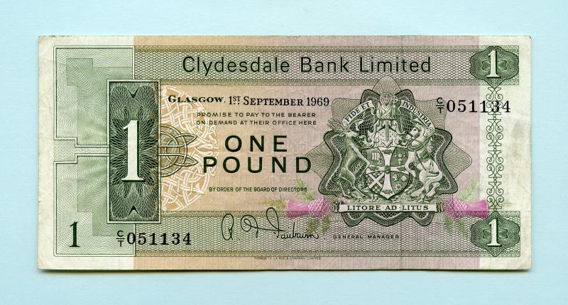 Clydesdale Bank  £1 One Pound Note Dated Glasgow 1st September 1969