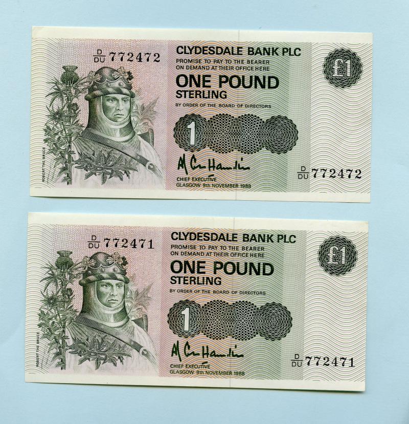 Pair Clydesdale Bank  £1 One Pound Notes Dated 18th September 1987