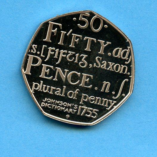 UK 2005 Samuel Johnson Dictionary Decimal 50 Pence  Proof Coin