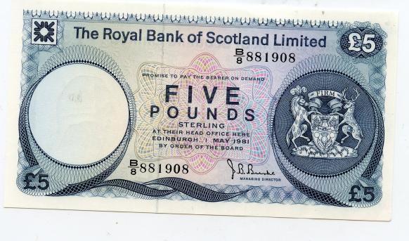 Royal Bank of Scotland £5 Five Pound Note 1st May 1981