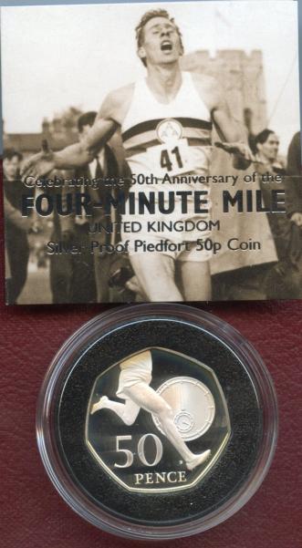 UK 2004 Royal Mint Silver Proof Piedfort 50p Roger Bannister Commemorative Coin