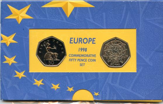 1998 Royal Mint European Membership 25th Anniversary Brilliant Uncirculated 50p Fifty Pence 2 Coin Set