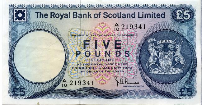 Royal Bank Of Scotland £5 Banknote. 5th January 1972