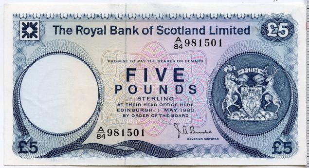 Royal Bank Of Scotland £5 Banknote. Dated 1st May 1980
