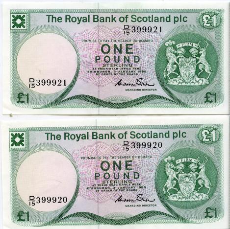 Pair of Royal Bank of Scotland £1 One Pound Notes .Dated 3rd January 1985