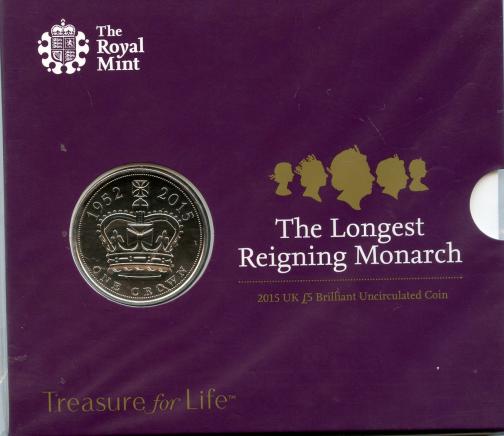 UK 2015 Brilliant Uncirculated £5 Coin. The Longest Reigning Monarch