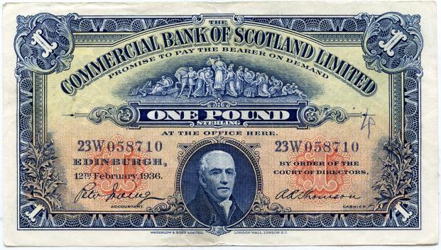 The Commercial Bank of Scotland £1 One Pound Banknote Dated 12th February 1936