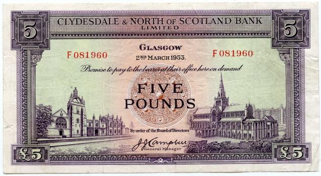Clydesdale & North of Scotland  £5 Five Pound Banknote Dated 2nd March 1953