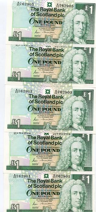 Royal Bank of Scotland 5 x  £1 One Pound Notes .Dated 13th December 1988
