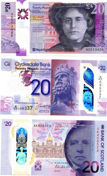 Set of 3 Scottish Banks New Polymer £20 Notes
