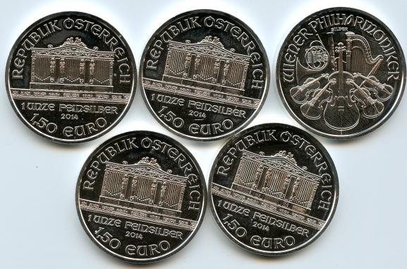 5 x 2014  Austrian Silver Philharmonic 1 oz Coins