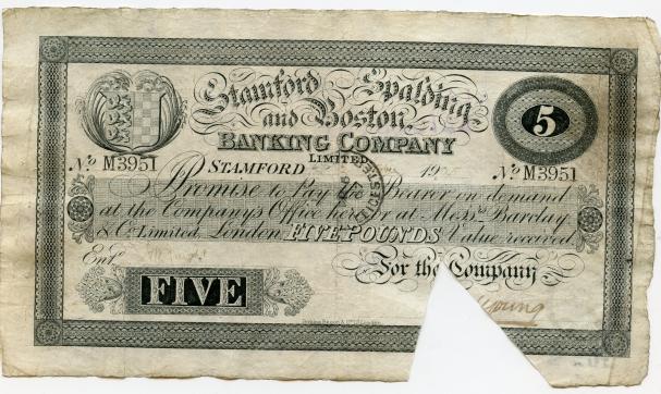 Stamford Spalding & Boston  Five pound Banknote 1905
