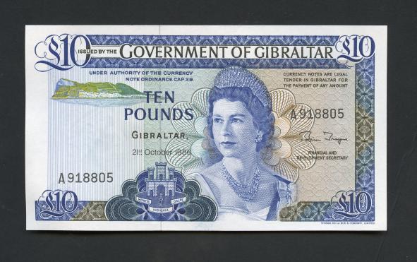 Government of Gibraltar Ten Pounds Banknote  Dated 21st October 1986