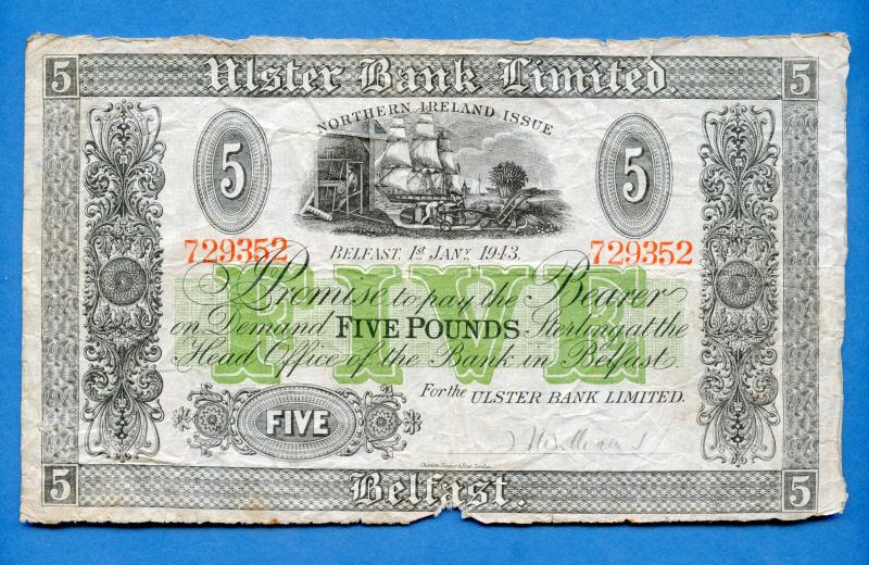Northern Ireland   Ulster Bank Limited  £5 Banknote  Dated 1st January 1943