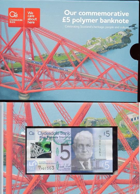 Clydesdale Bank New Commemorative £5 Polymer Forth Rail Bridge Banknote in Collectors Folder