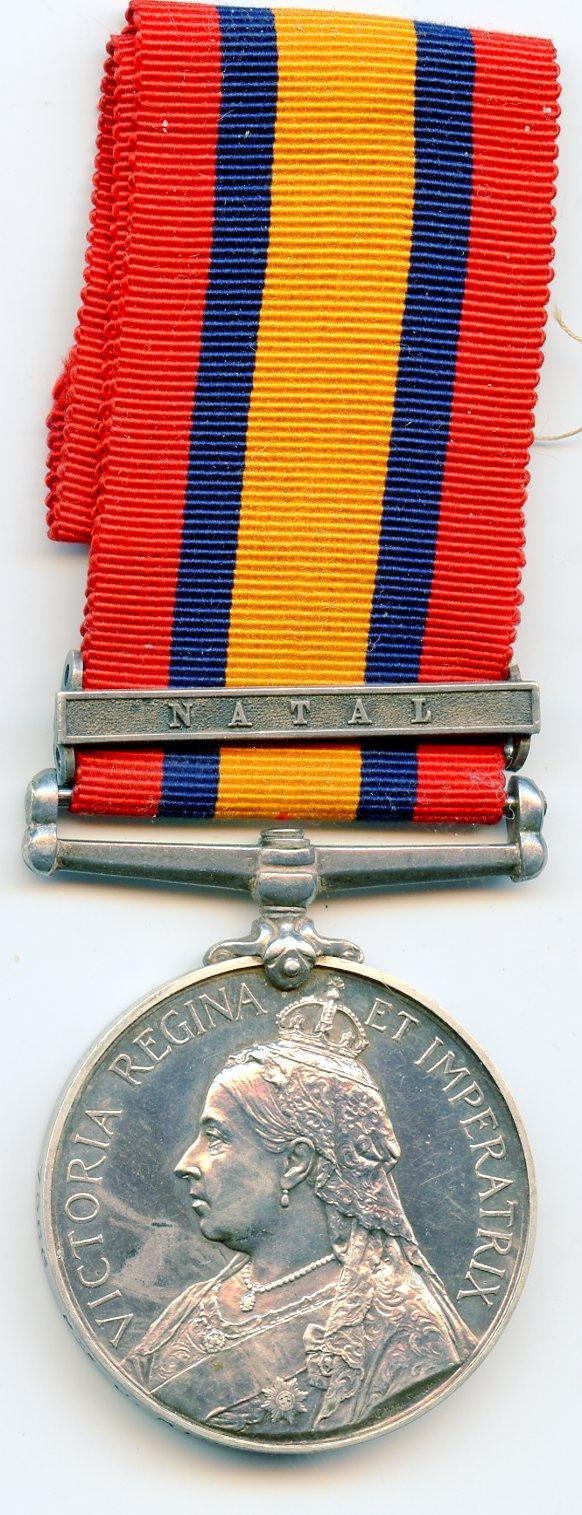 Queens South Africa Medal 1899-1902 : Rare  Casualty Single bar Natal To Pte J Risk, Volunteer Company Royal Scots Fusiliers