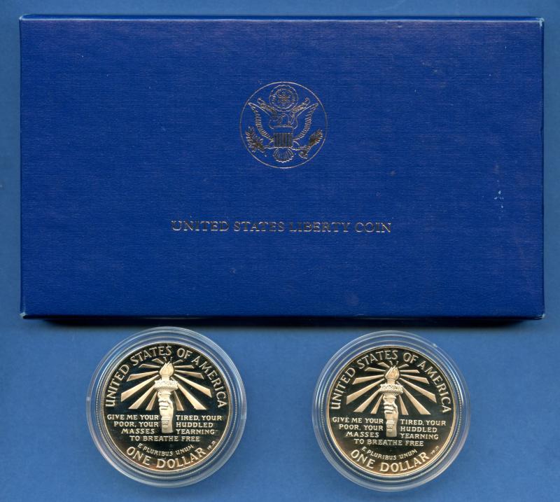 U.S.A. 1986 Eliis Island Liberty Silver Proof Dollar 2 Coin Set