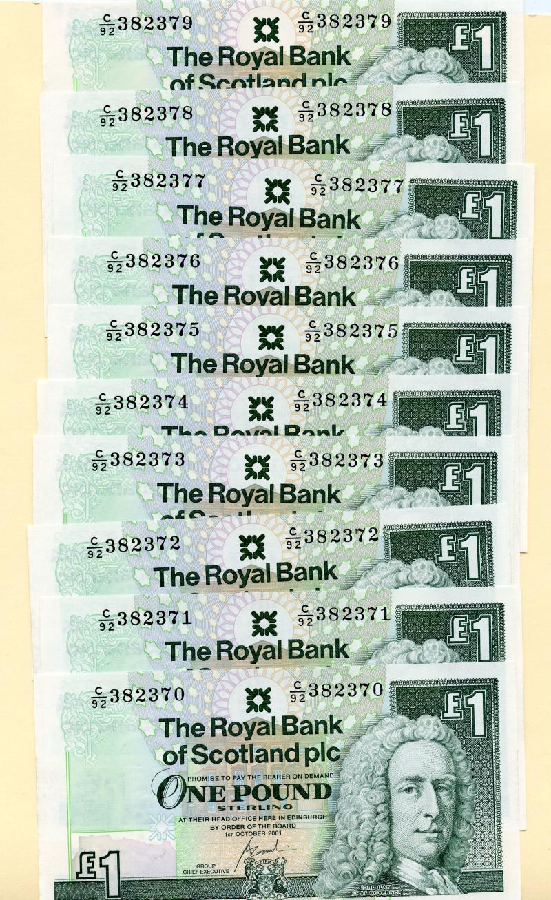 10 x Royal Bank of Scotland Last Date Issued of the One £1 Uncirculated  Banknotes Dated 1st October 2001