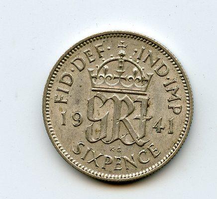 U.K. George VI   Sixpence Coin Dated 1941