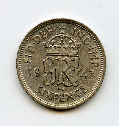 U.K. George VI   Sixpence Coin Dated 1943