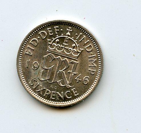 U.K. George VI   Sixpence Coin Dated 1946