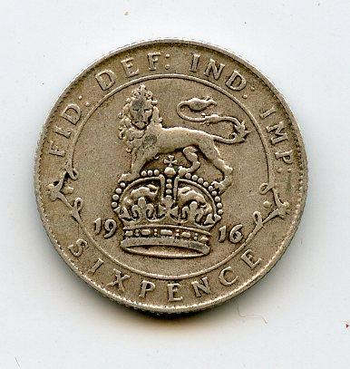U.K. George V   Sixpence Coin Dated 1916