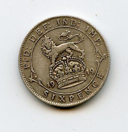 U.K. George V   Sixpence Coin Dated 1919
