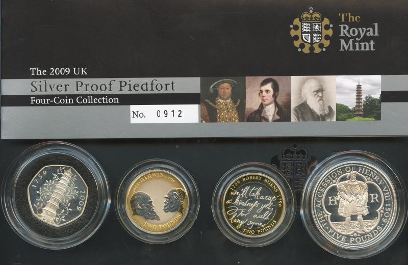 UK Silver Proof Coin Set Piedfort 2009  Kew Gardens 50p, £5 Henry 8th, £2 Burns ,£2 Darwin