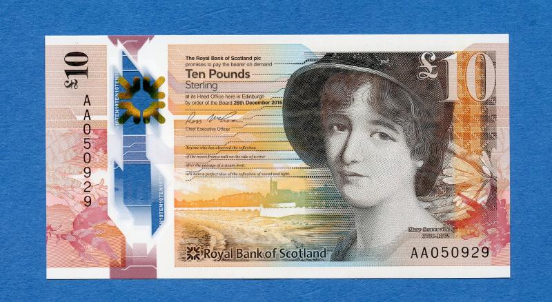 Royal Bank of Scotland £10 Ten Pounds Note New Polymer Type Dated 26th December 2016 Serial  AA