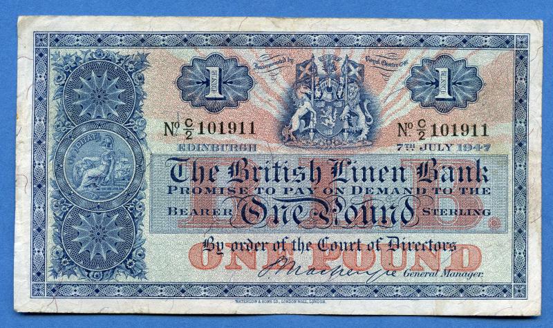 British Linen Bank £1 One Pound Banknote Dated 7th of July 1947