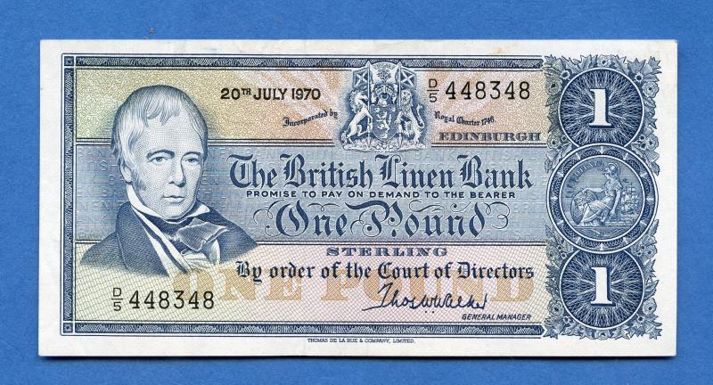 British Linen Bank £1 One Pound Banknote Dated 20th July 1970. (Last British Linen Bank Note Issued Last Serial Prefix D5)