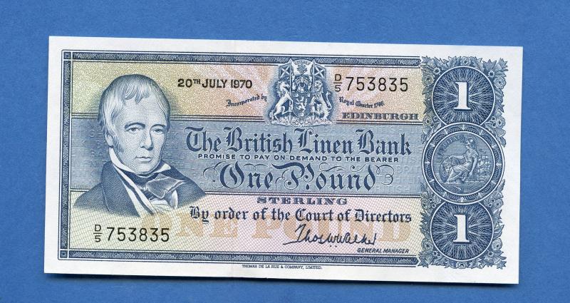 British Linen Bank £1 One Pound Banknote Dated 20th July 1970. (Last British Linen Bank Note Issued Last Serial Prefix D5)