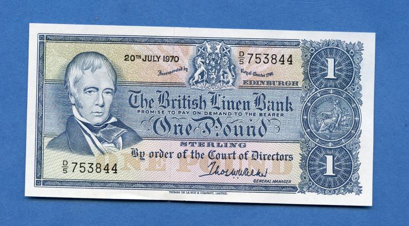 British Linen Bank £1 One Pound Banknote Dated 20th July 1970. (Last British Linen Bank Note Issued Last Serial Prefix D5)