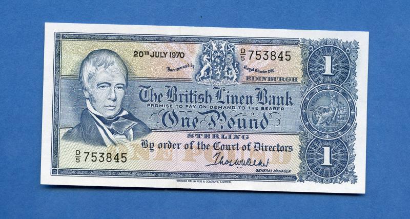 British Linen Bank £1 One Pound Banknote Dated 20th July 1970. (Last British Linen Bank Note Issued Last Serial Prefix D5)