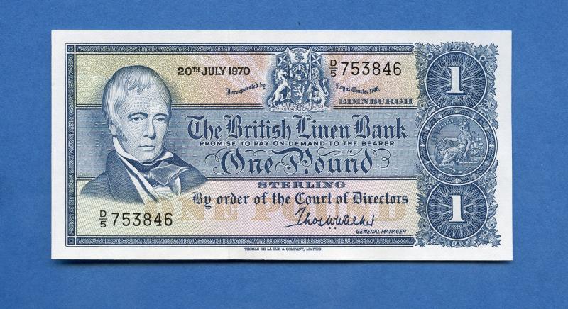 British Linen Bank £1 One Pound Banknote Dated 20th July 1970. (Last British Linen Bank Note Issued Last Serial Prefix D5)
