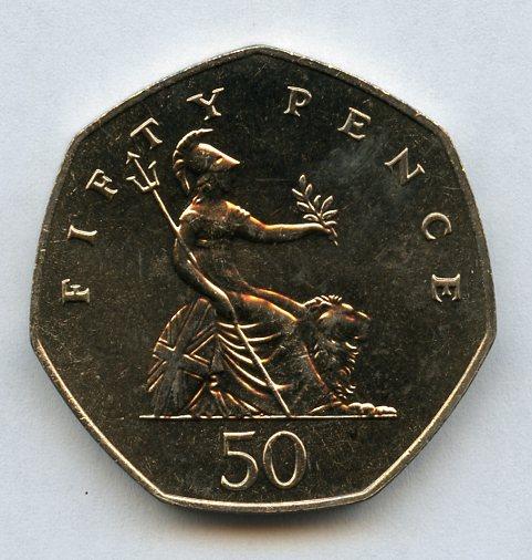 UK 1984 Brilliant Uncirculated Britannia Obverse  Decimal 50 Pence Coin