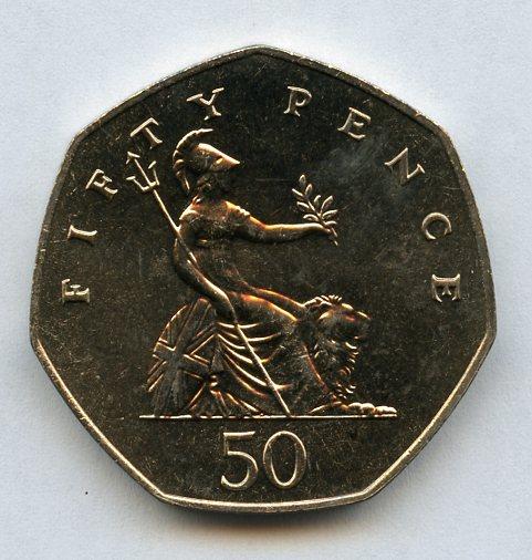 UK 1984 Brilliant Uncirculated Britannia Obverse  Decimal 50 Pence Coin