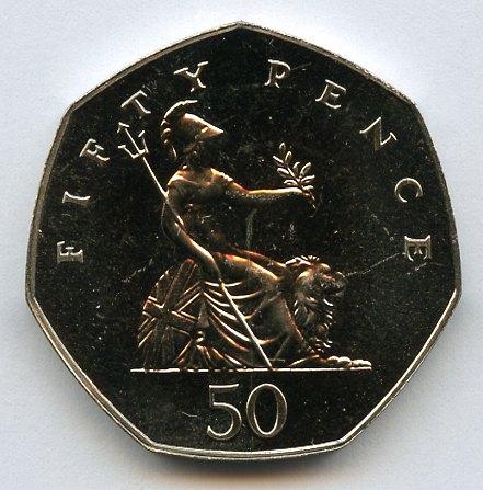 UK 1988 Brilliant Uncirculated Britannia Obverse  Decimal 50 Pence Coin
