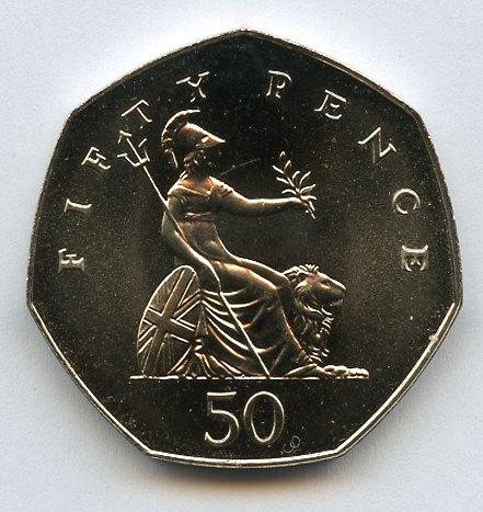 UK 1989 Brilliant Uncirculated Britannia Obverse  Decimal 50 Pence Coin
