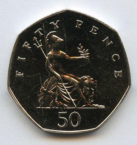 UK 1990 Brilliant Uncirculated Britannia Obverse  Decimal 50 Pence Coin