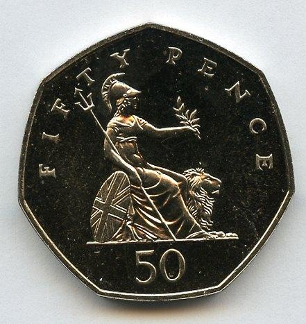 UK 1991 Brilliant Uncirculated Britannia Obverse  Decimal 50 Pence Coin