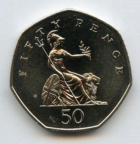 UK 1996 Brilliant Uncirculated Britannia Obverse  Decimal 50 Pence Coin