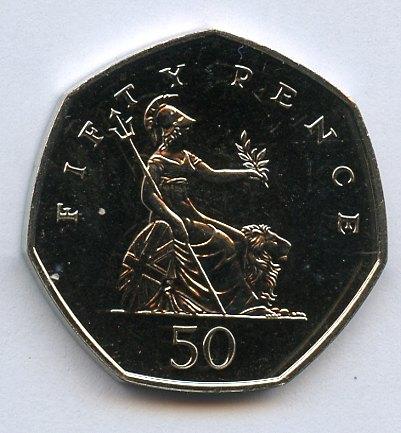 UK 1997 Brilliant Uncirculated Britannia Obverse  reduced Size  Decimal 50 Pence Coin