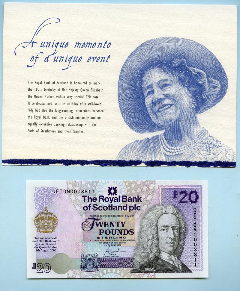 Royal Bank of Scotland £20 Banknote Queen Mother 100th Birthday Commemorative