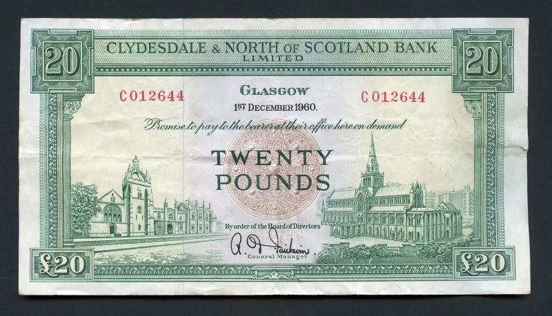 The Clydesdale Bank & North of Scotland Ltd  £20 Twenty Pounds Banknote Dated 1st December 1960