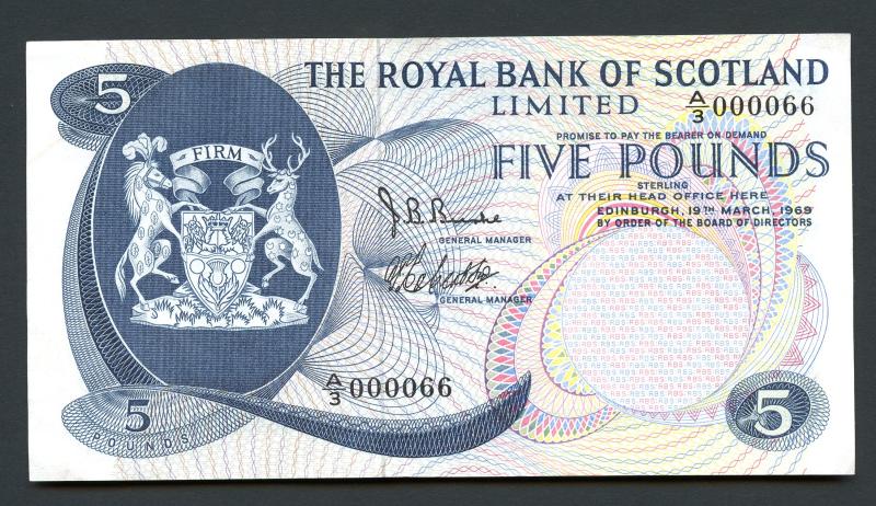 Royal Bank of Scotland £5 Five Pounds Note Dated 19th March 1969. Low Serial Number 66